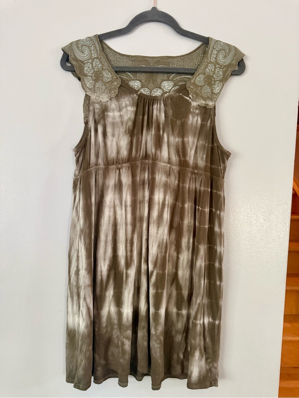 Devoted Earthy Brown Tie-Dye Boho Tunic Dress with Crochet Lace Bib – Size M